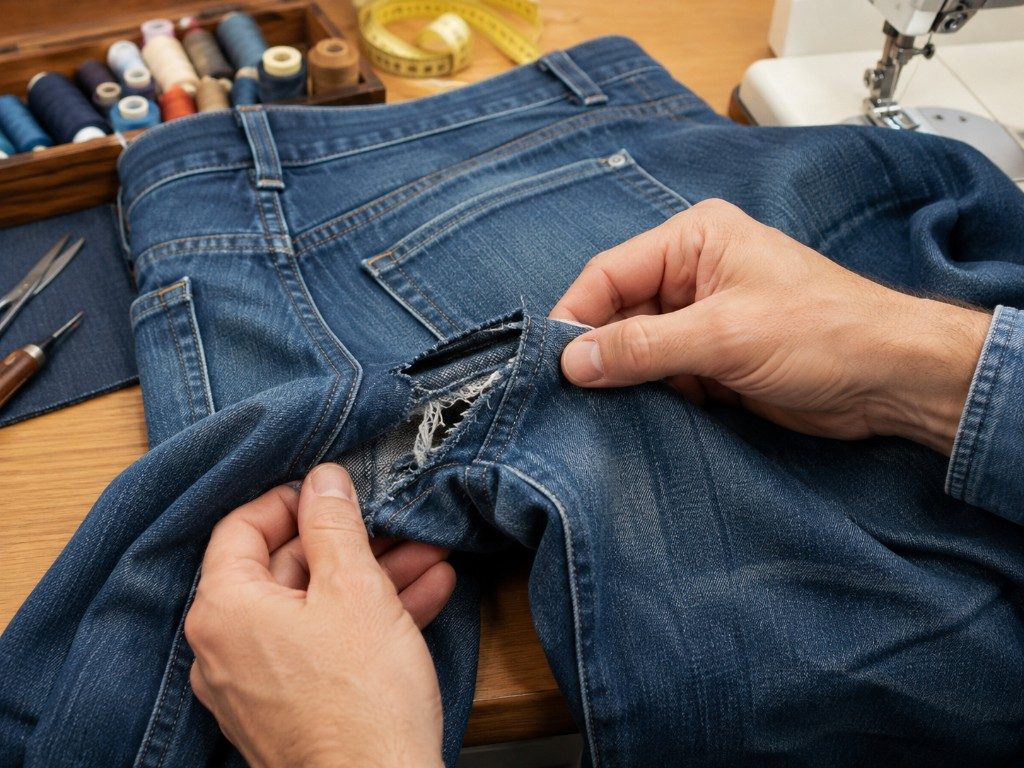 Hands inspecting a torn pair of jeans on a tailor workbench